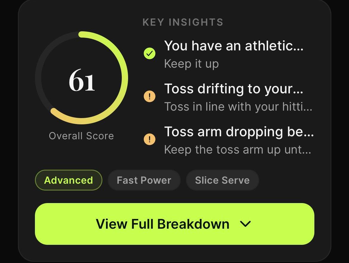 TennisLens serve analysis with an overall score and per-phase breakdown